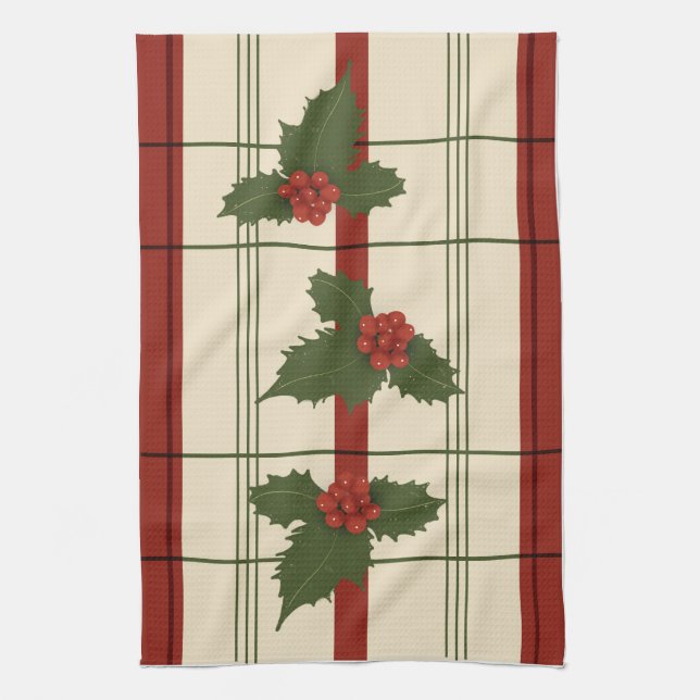 Holly tea towel in reds and greens (Vertical)