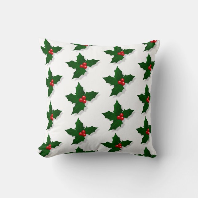 Holly Tree Berries Pattern Christmas Holiday Throw Pillow (Front)