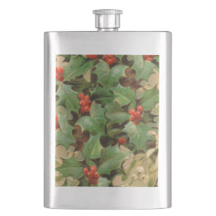 Holly Tree Christmas Holiday Vintage Hip Flask