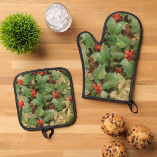 Holly Tree Christmas Holiday Vintage Oven Mitt & Pot Holder Set
