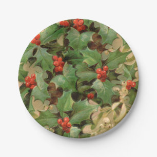 Holly Tree Christmas Holiday Vintage Paper Plate