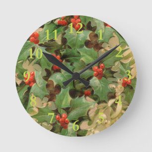 Holly Tree Christmas Holiday Vintage Round Clock