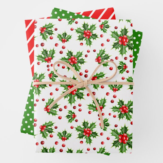 Holly Tree Leaves Berries Polka Dots Patter Wrapping Paper Sheet (In situ)