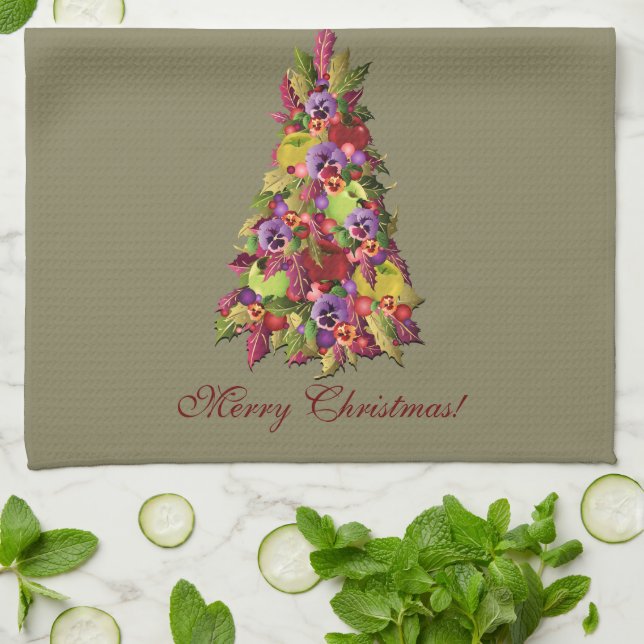 Holly Tree with Apples and Pansies Christmas Kitchen Towel (Folded)