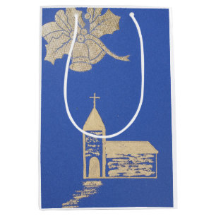 Holly twig and bells, Christmas church on blue Medium Gift Bag