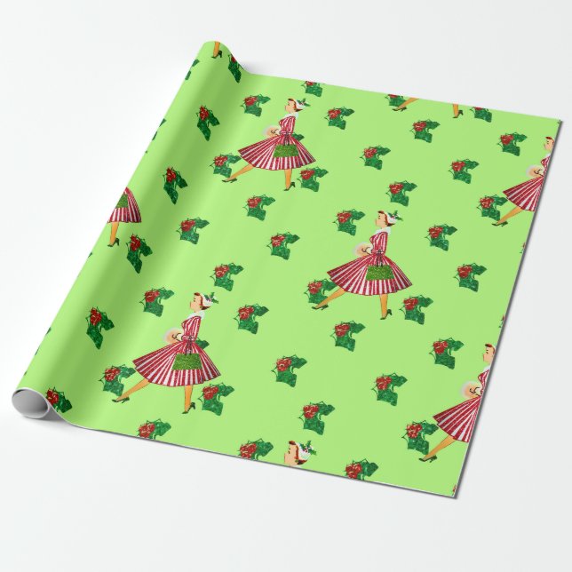 holly vintage christmas lady wrapping paper (Unrolled)
