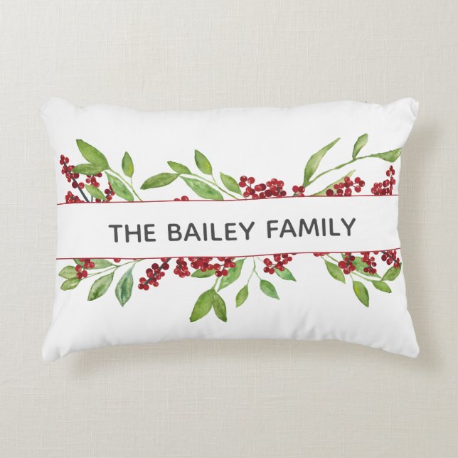 Holly & Watercolor Greenery Custom Accent Pillow (Front)