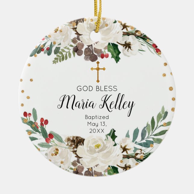 Holly Winter Floral Personalized Girl Baptism Ceramic Ornament (Front)