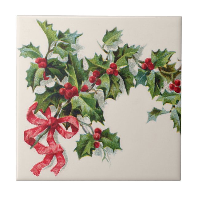 Holly Winterberry Red Ribbon Tile (Front)