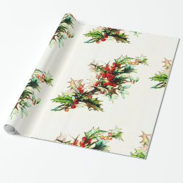 Holly With Berries Vintage Retro Christmas Wrapping Paper