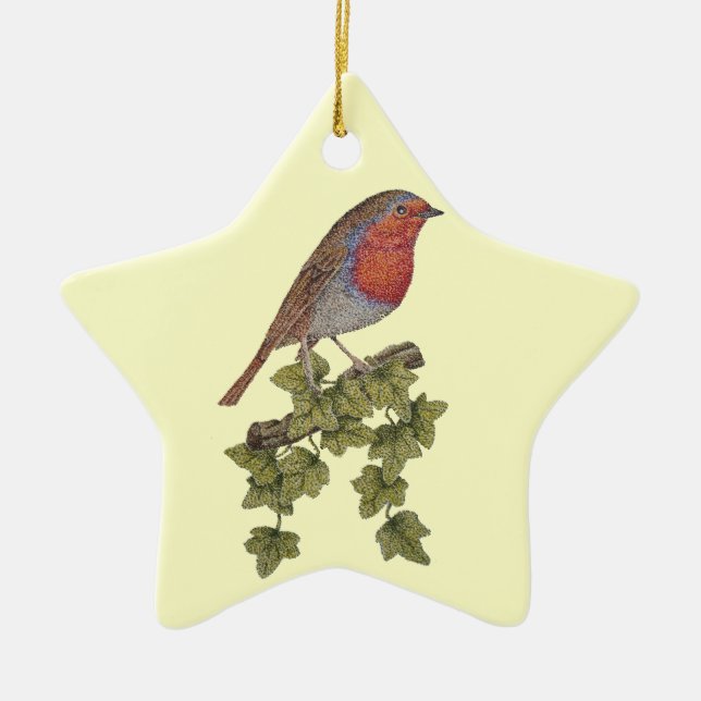 holly with cute robin wildlife at christmas ceramic ornament (Front)