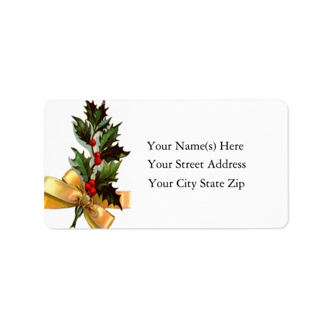 Holly With Gold Ribbon Vintage Address Label (Front)