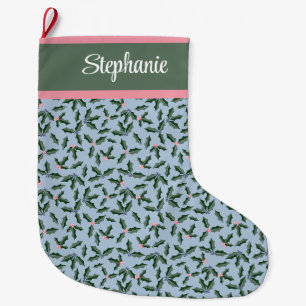 Holly with Name Large Christmas Stocking