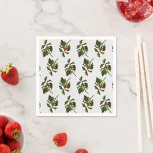 Holly with Red Berries on Ivory Texture Background Napkin