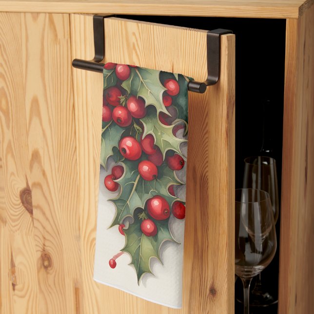 Holly with Vibrant Red Berries Kitchen Towel (Thirds Fold)