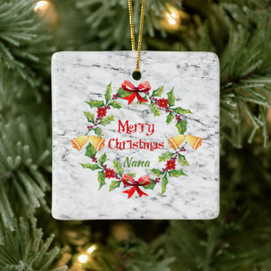 Holly Wreath and Bells On Marble  Nana Ceramic Ornament
