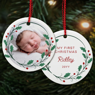 Holly Wreath Baby's First Christmas Round Photo Ceramic Ornament