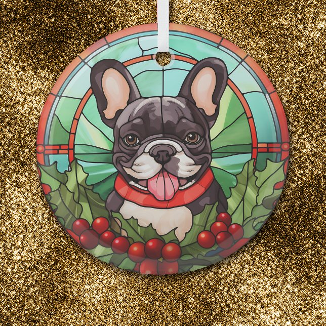 Holly Wreath Black White French Bulldog Glass Ornament (Creator Uploaded)