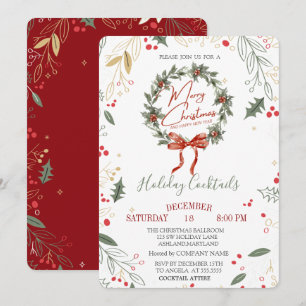 Holly Wreath Branches Red Company Christmas Invitation