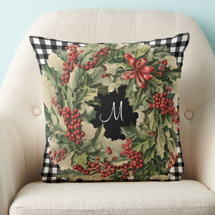 Holly Wreath buffalo plaid custom monogram Throw Pillow