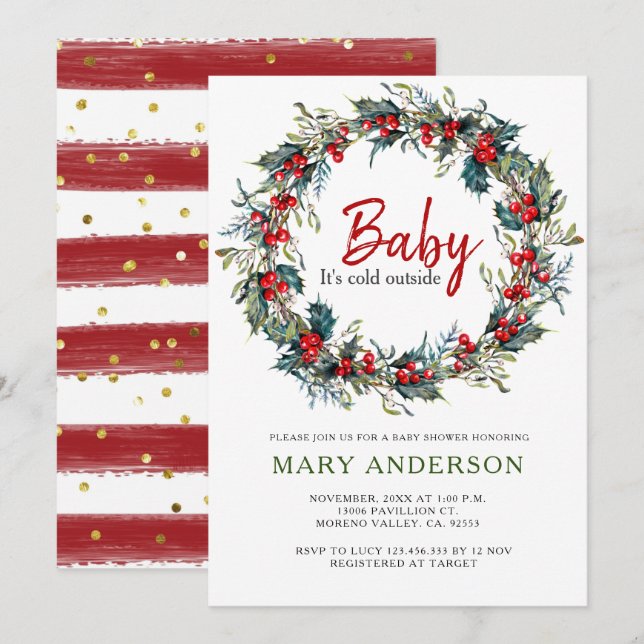 Holly Wreath Christmas Baby Shower Invitation (Front/Back)