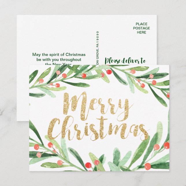 Holly Wreath Christmas Holiday Postcard (Front/Back)