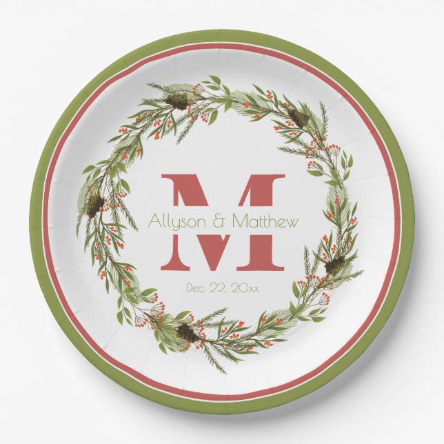 Holly Wreath Christmas | Holiday Wedding Monogram  Paper Plate (Front)