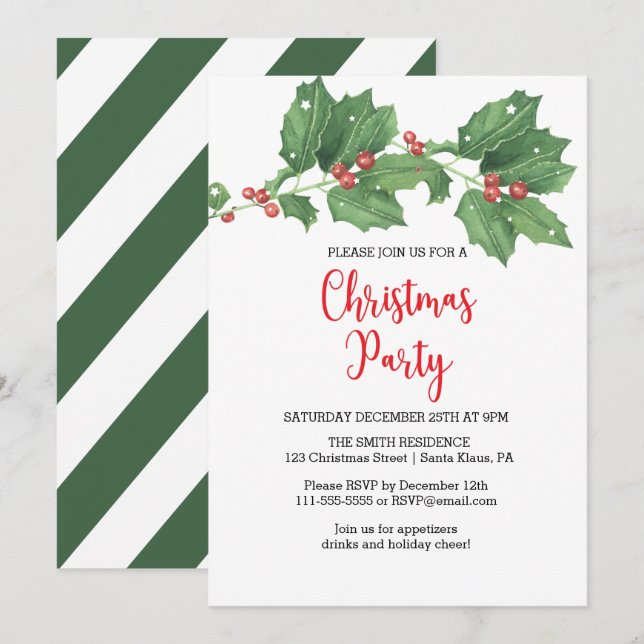 Holly Wreath Christmas Party Invitation (Front/Back)