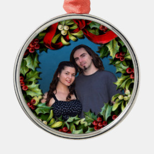 Holly Wreath Custom Photo Personalized Christmas Metal Ornament