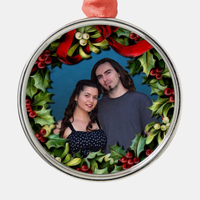 Holly Wreath Custom Photo Personalized Christmas Metal Ornament (Front)
