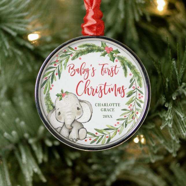 Holly Wreath Elephant Baby's First Christmas Metal Ornament (Tree)