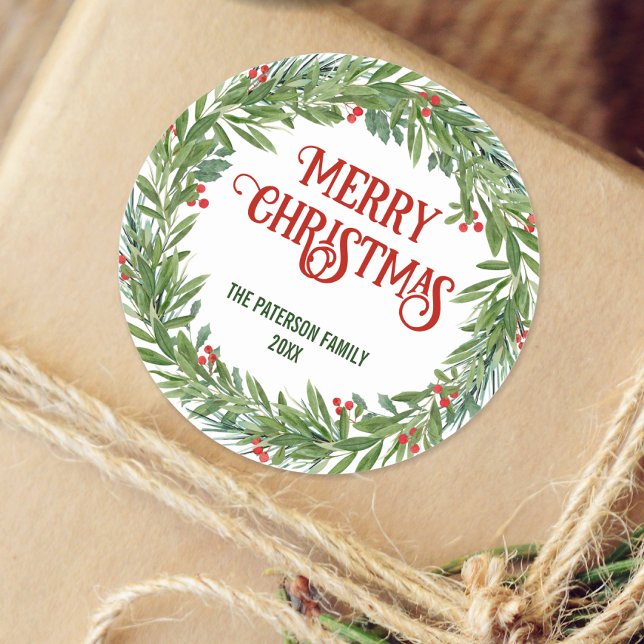 Holly Wreath Family Name Christmas White Classic Round Sticker (Celebrate the season with our Festive Christmas Wreath  Sticker.)