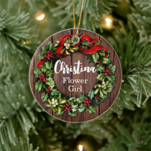 Holly Wreath Flower Girl Custom Wedding Party Ceramic Ornament