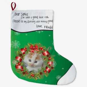 Holly Wreath Frame ADD YOUR CAT PHOTO Personlized Large Christmas Stocking