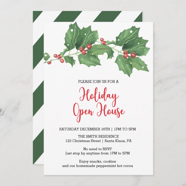 Holly Wreath Holiday Open House  Invitation (Front/Back)