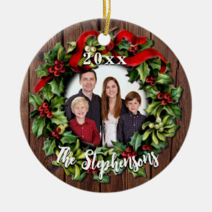 Holly Wreath Personalized Family Photo Keepsake Ceramic Ornament