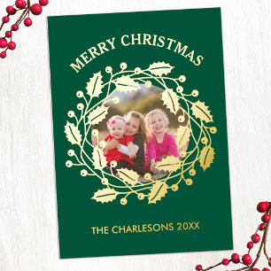 Holly Wreath Photo Foil Holiday Card