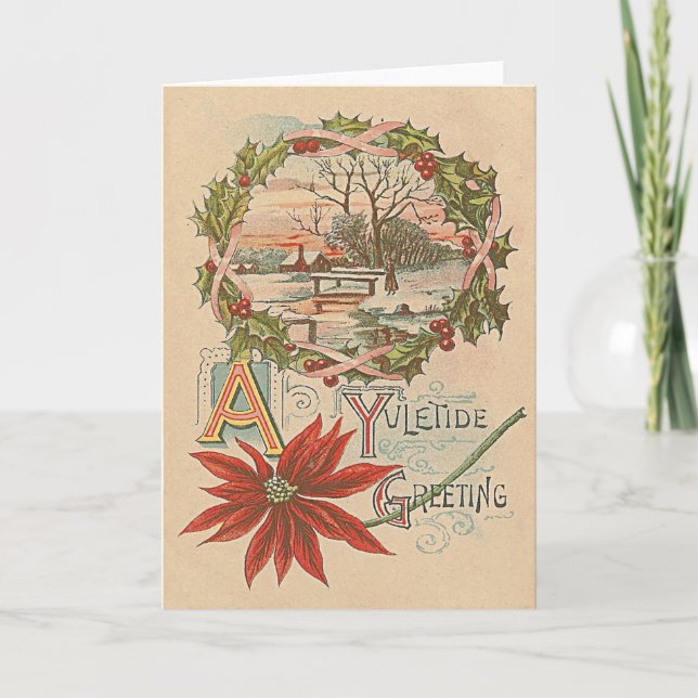 Holly Wreath Poinsettia Winter Cabin Yuletide Holiday Card (Front)