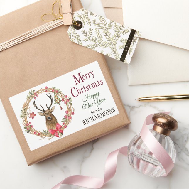 Holly Wreath Red Bow Reindeer Christmas Sticker (Gifting)