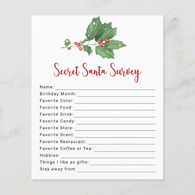 Holly Wreath Secret Santa Survey Flyer (Front)