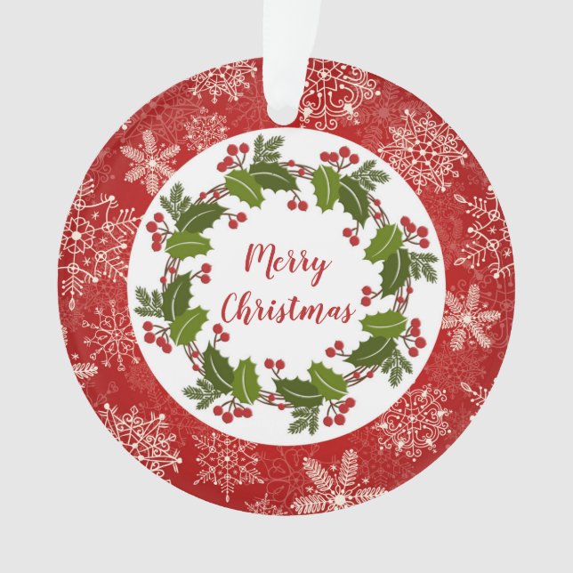 Holly wreath, snowflakes Christmas Photo Ornament (Front)