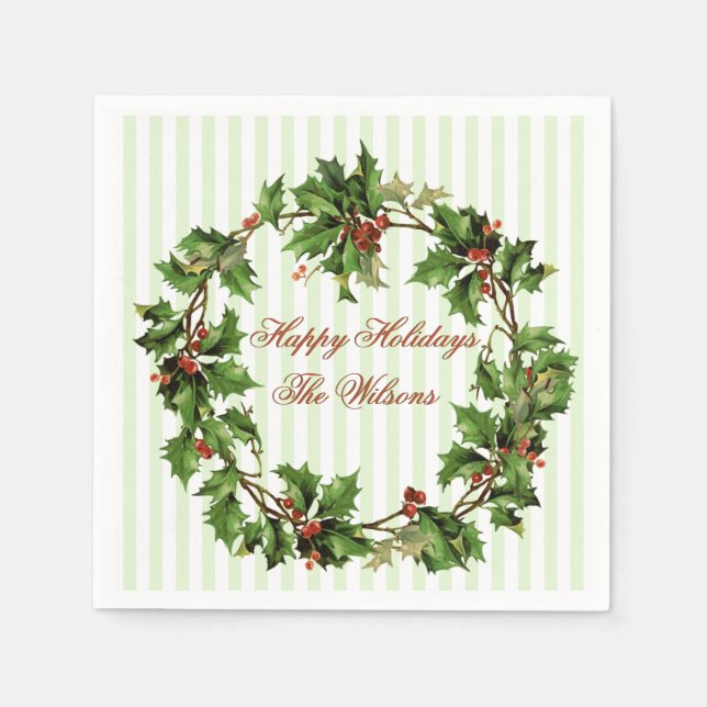 Holly Wreath Vintage Personalized Christmas Napkin (Front)