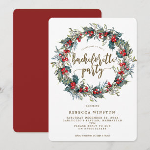 holly wreath winter bachelorette party invite