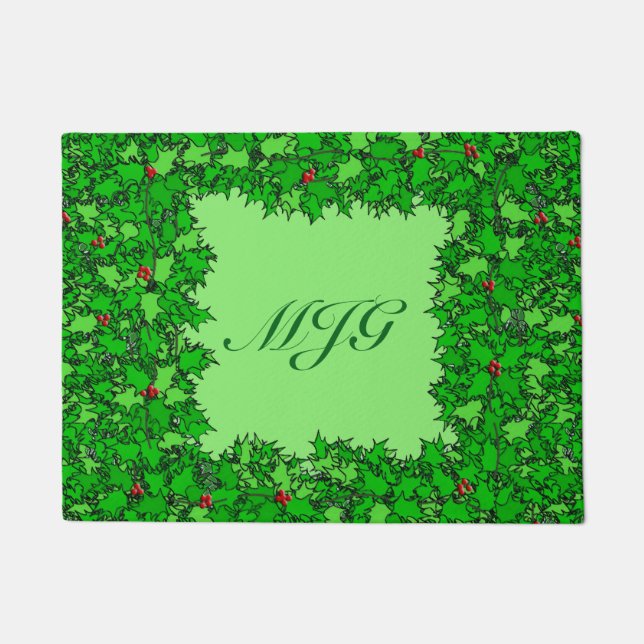 Holly Wreath with Monogram, Dark Green Doormat (Front)