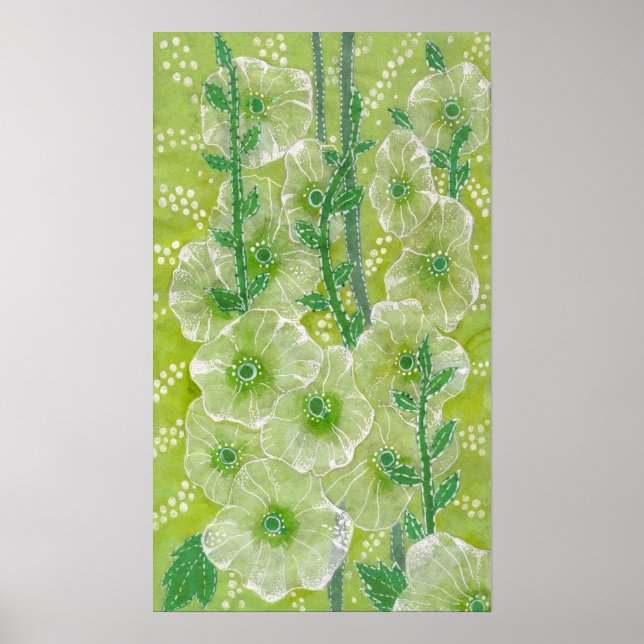 Hollyhock Mallow Malva Flower Floral Collage Green Poster (Front)