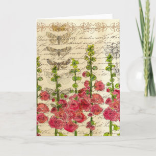 Hollyhock Victorian Flower Collage Note Card