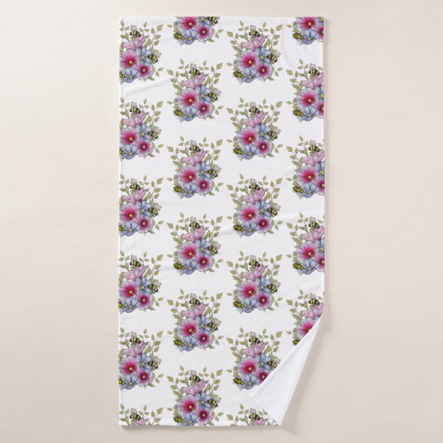 Hollyhocks and Blue Flowers with Bumble BEES Bath Towel (Bath Towel)
