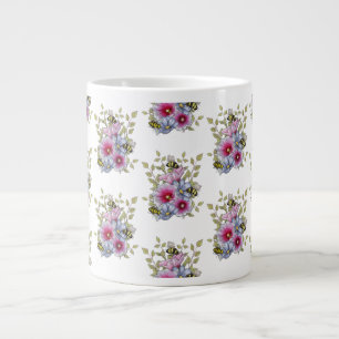 Hollyhocks and Blue Flowers with Bumble BEES Large Coffee Mug
