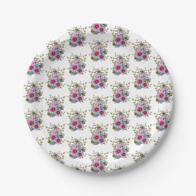 Hollyhocks and Blue Flowers with Bumble BEES Paper Plate (Front)