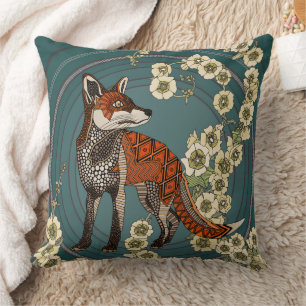 hollyhocks fox deep pine cream throw pillow